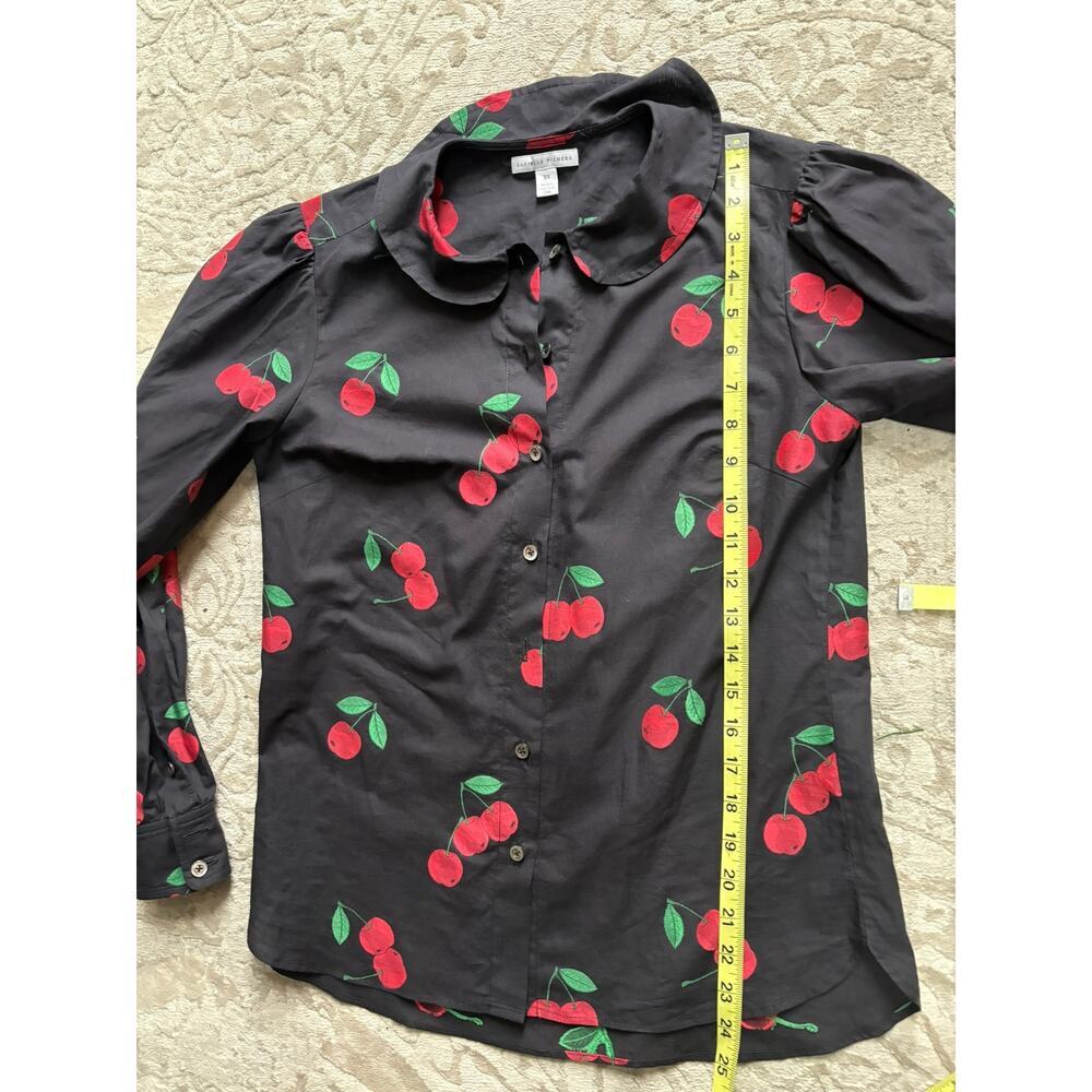 Danielle Fichera Cherry Print Button Down Shirt Black Red Long Sleeve XS Cotton - Picture 7 of 8